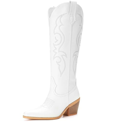 Platikly White Cowboy Boots for Women - Embroidered Western Cowgirl Boots, Wide Calf Knee High Tall Footwear, Almond Pointed Toe Chunky Heel Pull On Zipper Classic Retro Country Style US 9.5 | Amazon (US)