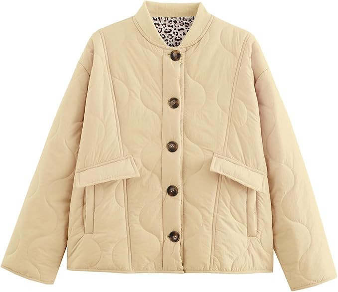 HOULENGS Womens Lightweight Quilted Jacket Casual Leopard Lined Puffer Outerwear Button Down Padd... | Amazon (US)