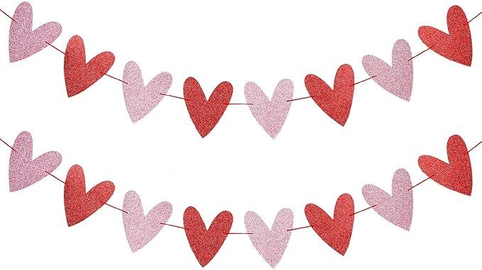 Valentines Heart Banner Red and Pink Glitter Valentines Day Heart Garland,Valentines Heart Decora... | Amazon (US)