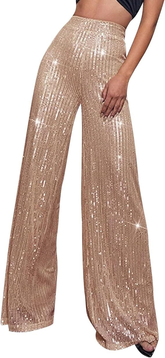 Sequin Pants Women Fashion High Waist Pant Sparkly Wide Leg Trousers Elastic Loose Side Zipper Sh... | Amazon (US)