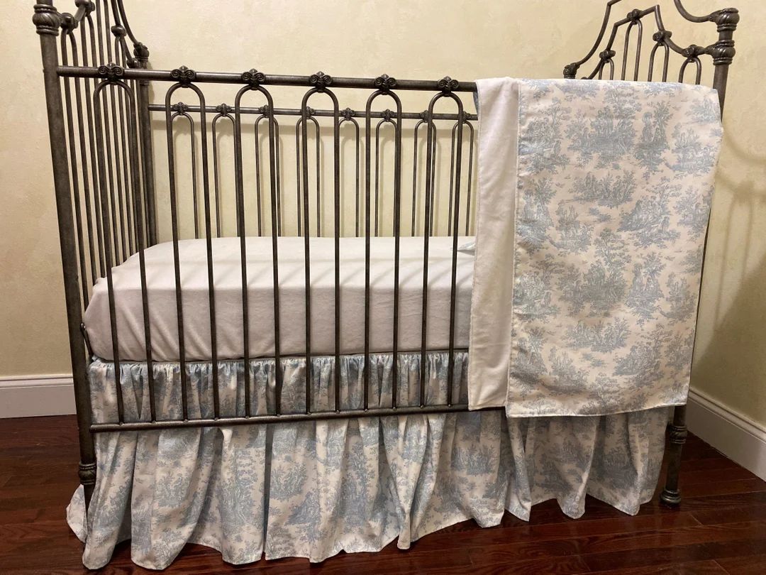 Baby Boy Crib Bedding Blue Toile Toile Crib Skirt Blanket - Etsy | Etsy (US)