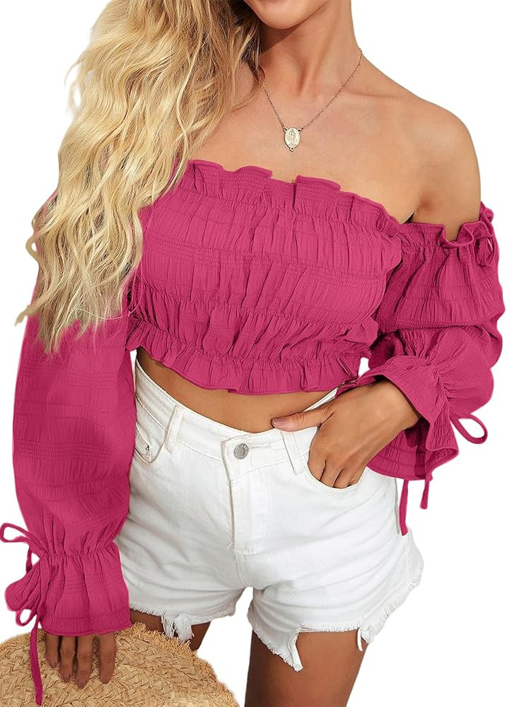 LYANER Women's Off The Shoulder Ruffle Trim Drawsting Puff Long Sleeve Tube Crop Blouse Shirt Top | Amazon (US)