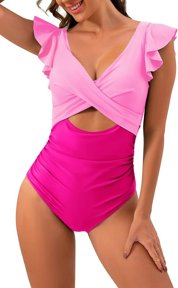 B2prity Women's One Piece Swimsuit Ruffle Cutout Bathing Suits Slimming Tummy Control V Neck Wrap... | Amazon (US)