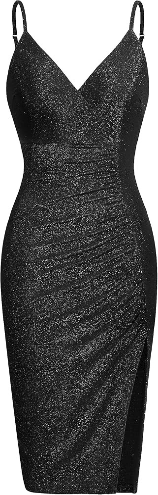 oten Women's Sexy Sparkle Dresses V Neck Spaghetti Straps Ruched Slit Bodycon Cocktail Party Midi... | Amazon (US)