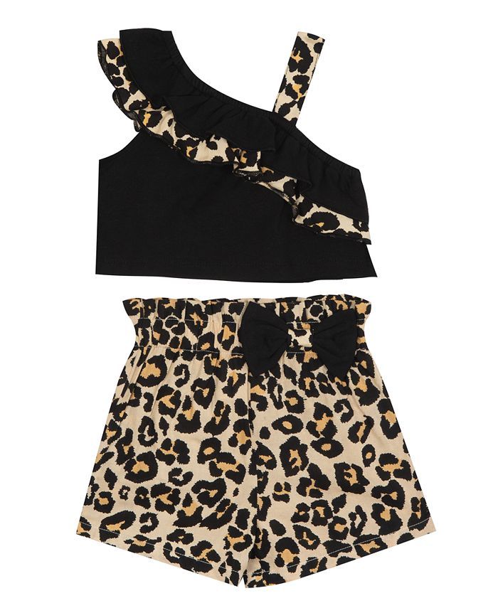 Rare Editions Baby Girls Knit One Shoulder Top with Printed Cheetah Challis Shorts Set, 2 Piece &... | Macys (US)