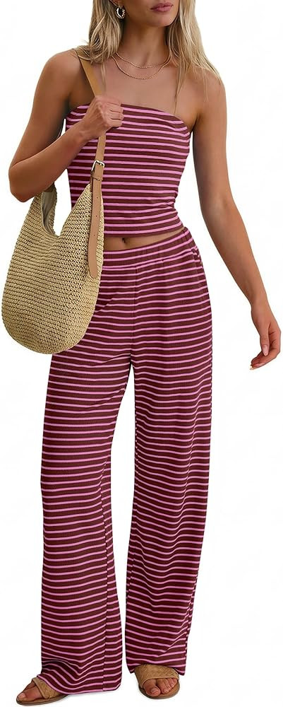 ANRABESS Women 2 Piece Sets Summer Striped Outfits Matching Tube Top Wide Leg Lounge Pants 2026 T... | Amazon (US)