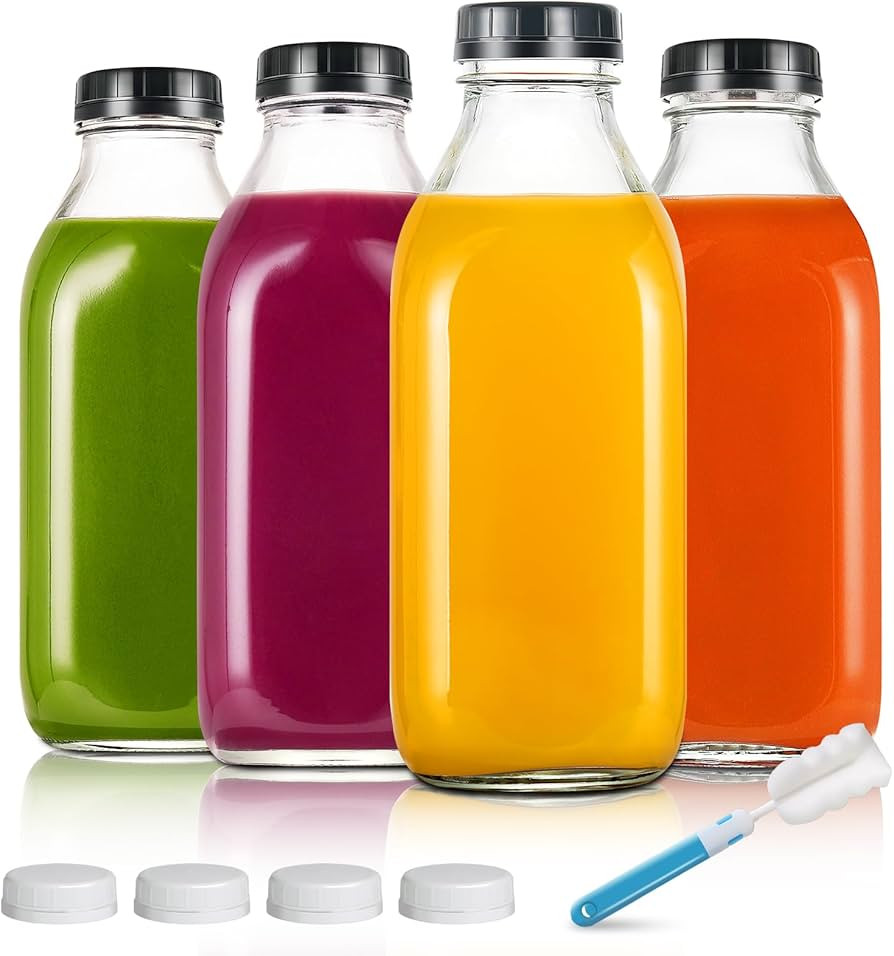 YEBODA 32oz Glass Milk Bottle with Plastic Tamper-proof Caps (4 Pack) Vintage Reusable Dairy Drin... | Amazon (US)
