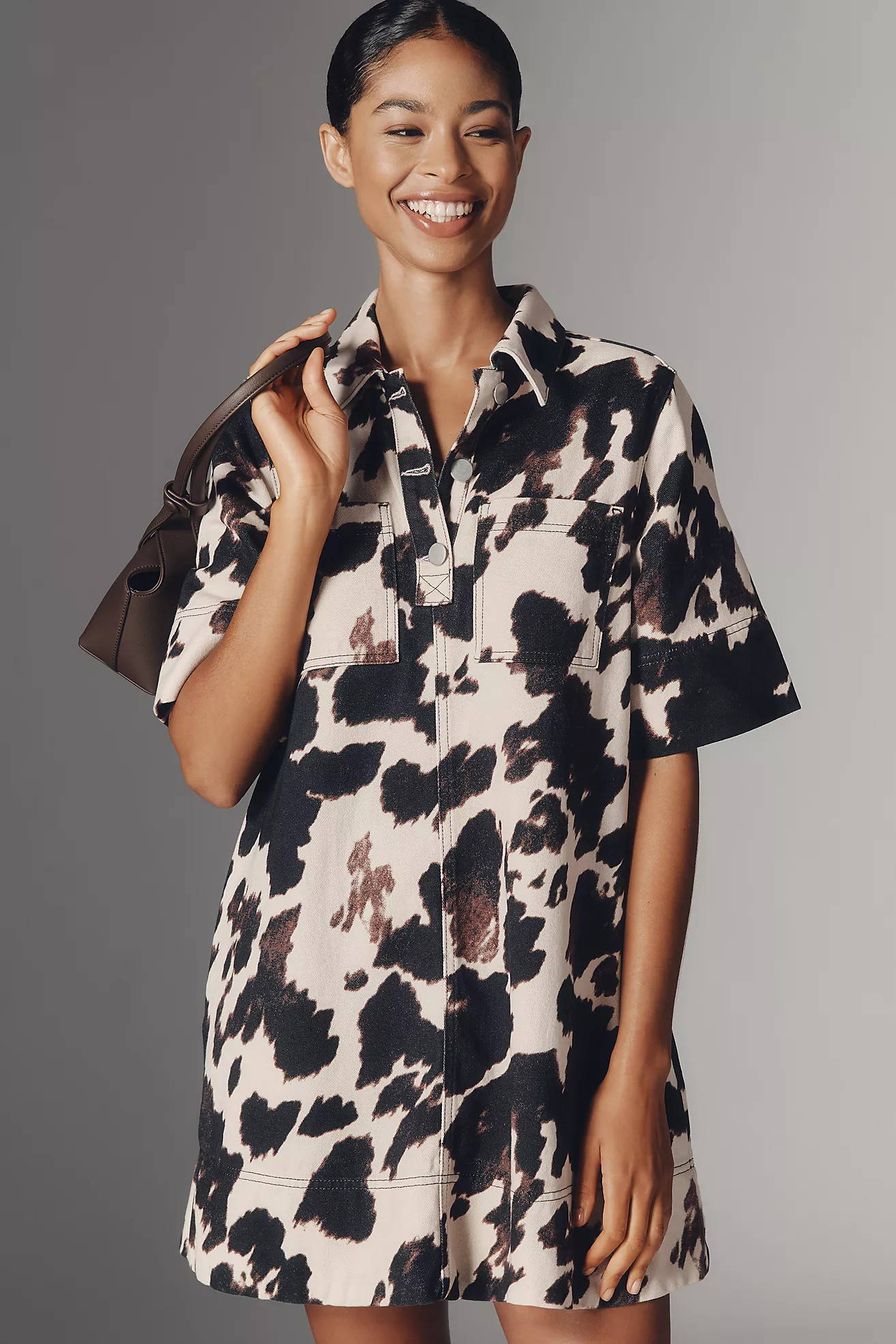 Jeannie Short-Sleeve Denim A-Line Mini Dress by Maeve | Anthropologie (US)