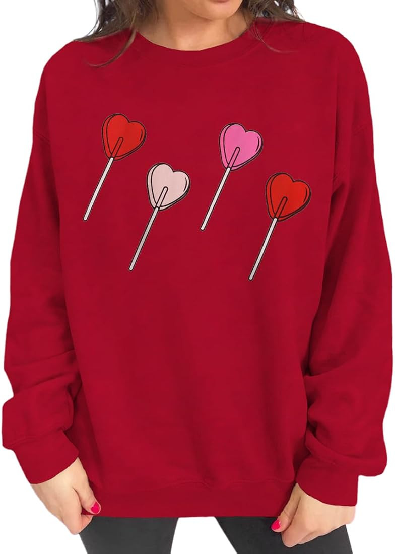 KEKEMI Women Valentine's Day Sweatshirt Cute Love Heart Lollipop Graphic Shirt Casual Long Sleeve... | Amazon (US)