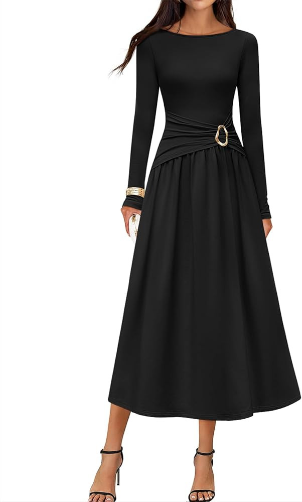 MEROKEETY Women's 2025 Fall Long Sleeve Midi Dress Elegant Boat Neck Ruched Swing Cocktail Party ... | Amazon (US)