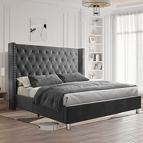 Jocisland King Bed Frame Low Profile Platform Bed Upholstered Bed Frame Velvet Tufted Bed Raised Win | Amazon (US)