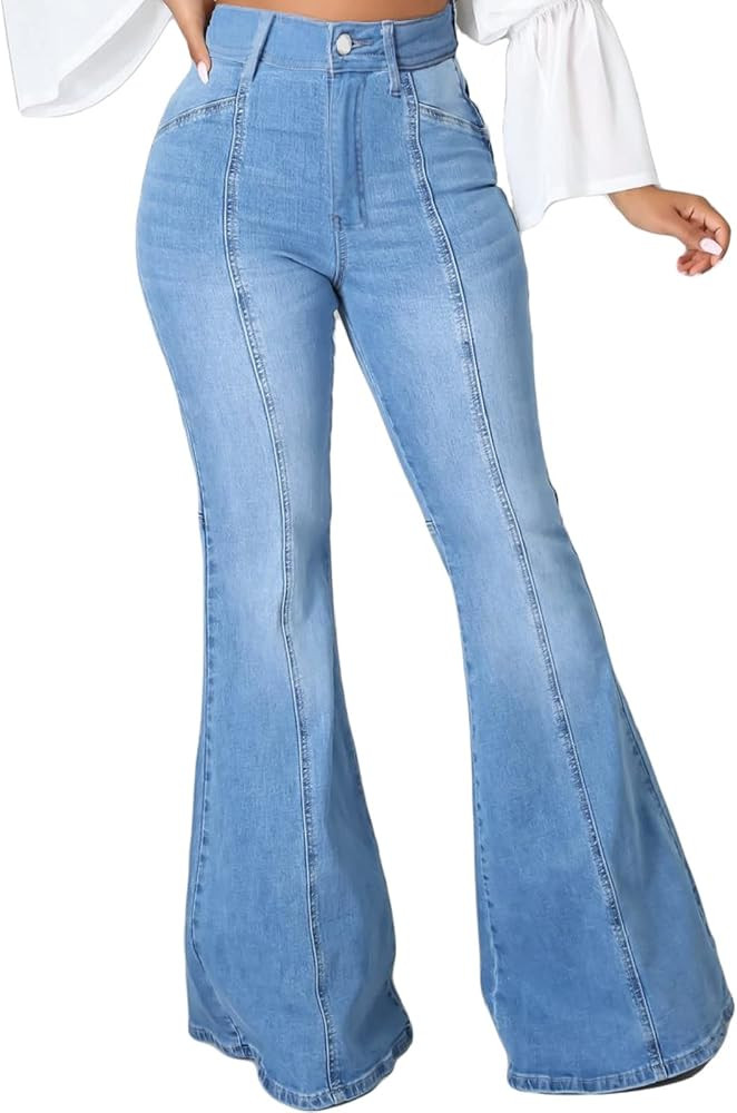 CuteCherry Bell Bottom Jeans for Women Ripped Skinny Bell Bottom Raw Hem Denim Pants | Amazon (US)