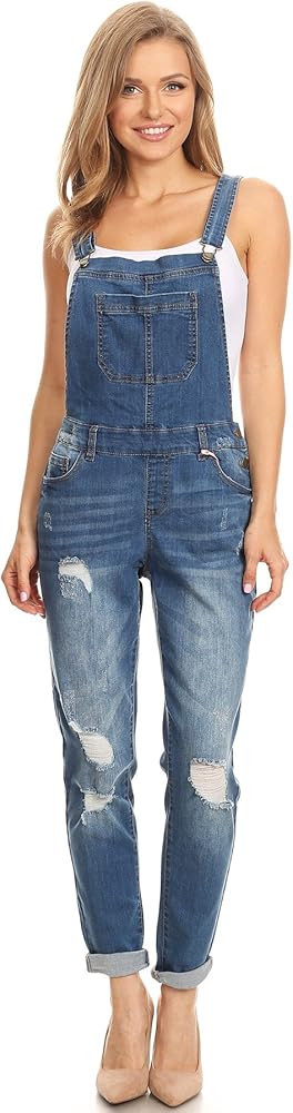 wax jean Women's Junior Ankle Length Skinny Leg Distressed Denim Overalls, Medium Wash, Medium | Amazon (US)