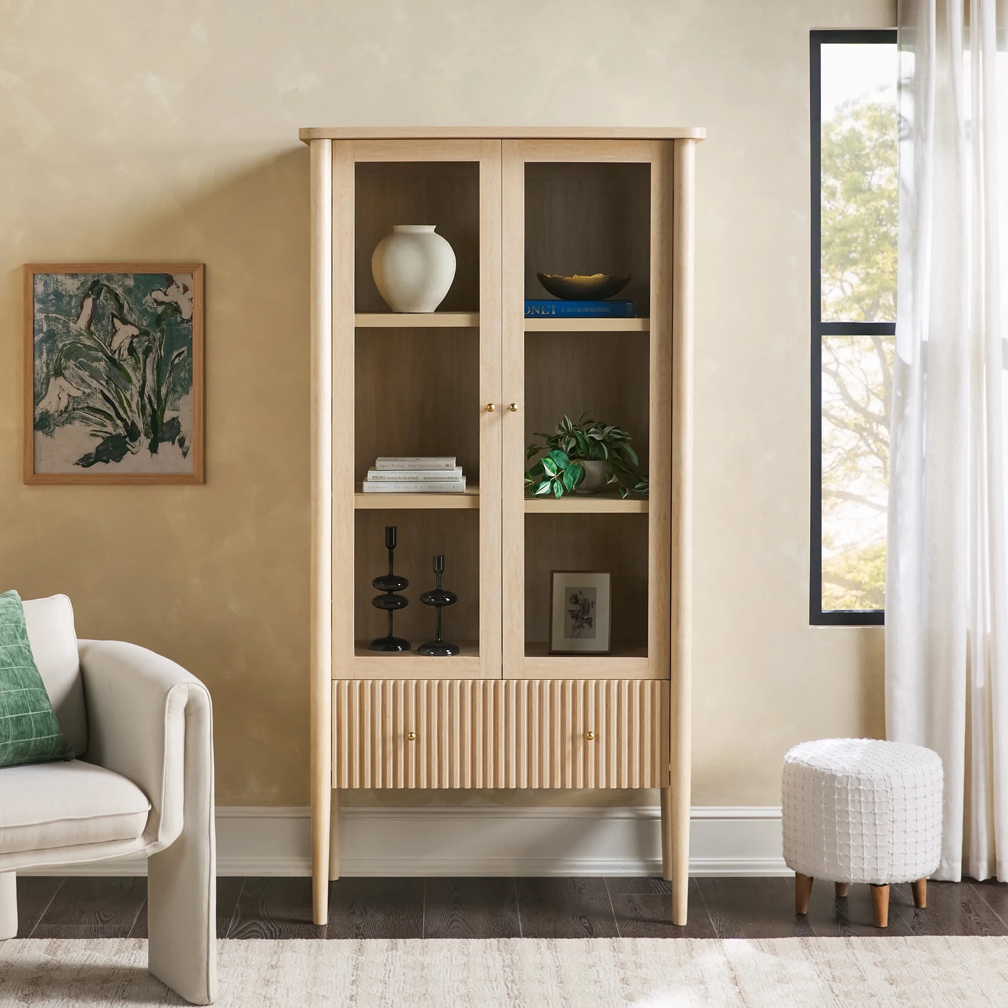 Samantha Modern Fluted Glass Bookshelf Cabinet, Coastal Oak | Walmart (US)