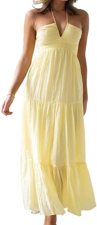 Boho Dresses for Women Sexy Deep V-Neck Chiffon Flowy Maxi Dress Beach Party Halter Tie Back Back... | Amazon (US)