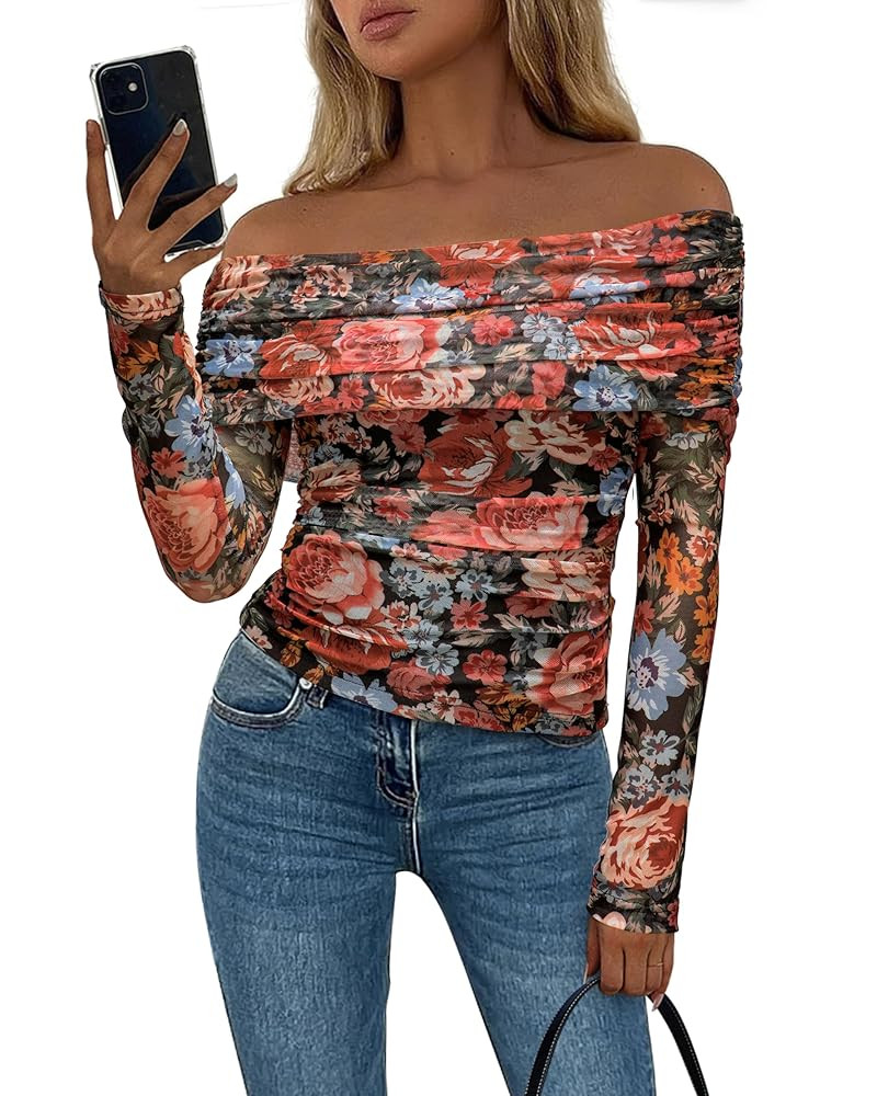 PRETTYGARDEN Women's Fall Tops 2025 Off The Shoulder Long Sleeve Fitted Y2k Shirts Floral Ruched ... | Amazon (US)