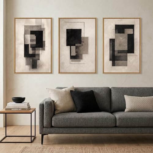 Aurlan Large Neutral Abstract Black Framed Canvas Wall Art Set,Modern Black and Beige Polygon Wall Decor,Mid-Century Minimalist Block Lines Artwork for Living Room,Bedroom,Office-24 x36 x3 | Amazon (US)