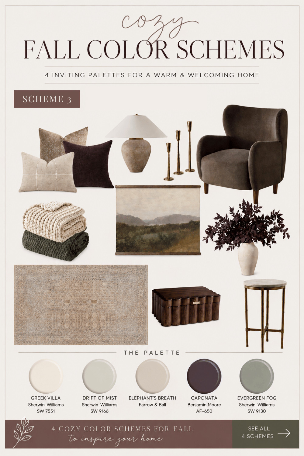 Want your home to feel cozy for fall with seasonal decor? This warm, earthy fall color palette is one of my favorites for creating that cozy feeling in a more subtle, elevated way.

I paired warm ivory and soft taupe with deep plum, muted olive green and rich brown, then layered in chunky knits, warm wood, brass and vintage-inspired pieces. The result feels distinctly fall—but still like a home you’d want to live in long after the season ends.

The coordinating paint palette includes Sherwin-Williams Greek Villa, Sherwin-Williams Drift of Mist, Farrow & Ball Elephant’s Breath, Benjamin Moore Caponata and Sherwin-Williams Evergreen Fog. 

 #LTKSeasonal #LTKHome