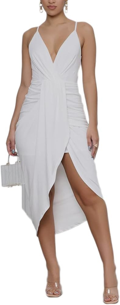 Women's V Neck Ruched Wrap Slit Hem Sleeveless Spaghetti Strap Midi Bodycon Dress | Amazon (US)