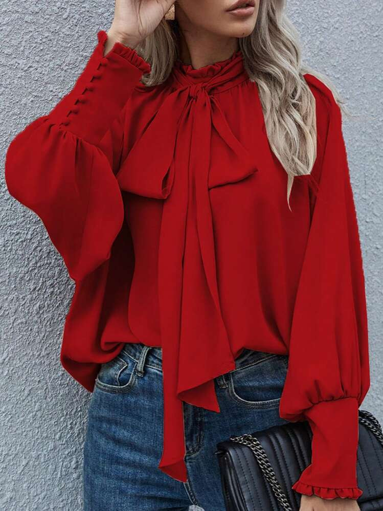 European & American Style Women's Solid Color Loose Button Bow Detail Long Sleeve Blouse | SHEIN