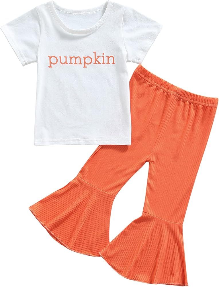 Toddler Baby Girl Fall Clothes Halloween Outfit Pumpkin Long Sleeve Shirt Tops Floral Flared Pant... | Amazon (US)