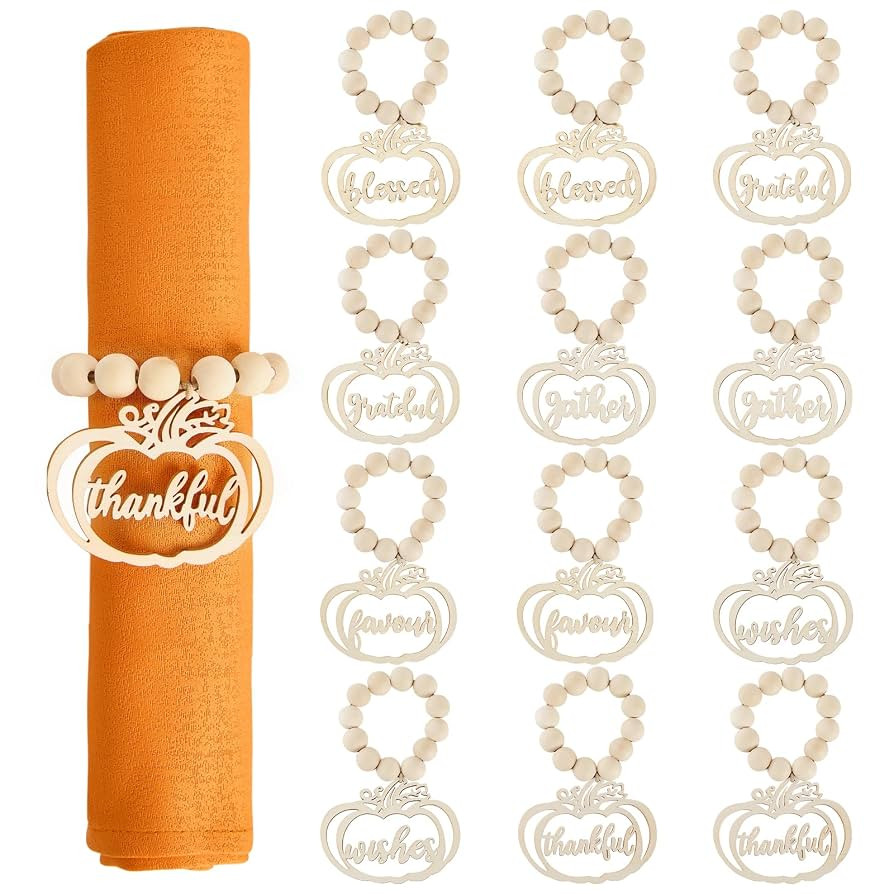 Fall Thanksgiving Napkin Rings Set of 12, Pumpkin Thankful Wooden Bead Napkin Rings for Fall Than... | Amazon (US)