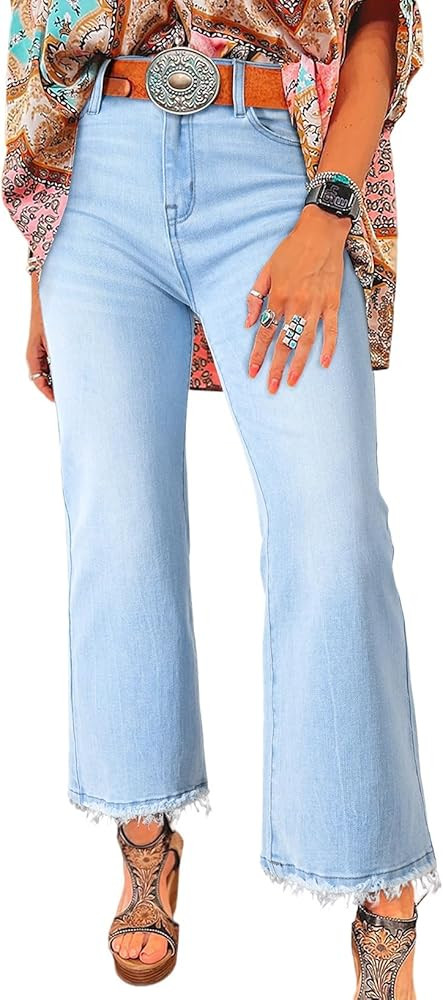 Astylish Womens High Waisted Jeans Stretchy Flared Straight Leg Loose Trendy Raw Hem Denim Pants | Amazon (US)