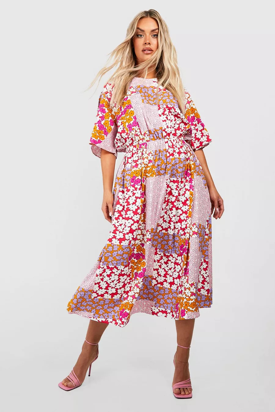 Plus Angel Sleeve Mixed Floral Print Dress | Boohoo.com (US & CA)