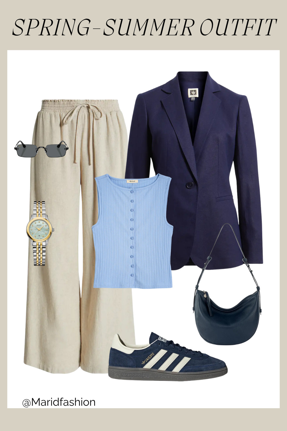 Effortlessly transition from a polished morning to a relaxed afternoon with this spring-summer ensemble. Pairing a structured blazer with a classic crewneck shell top and breathable linen-blend beach pants creates the perfect balance of sophisticated and coastal-cool.
#SpringStyle #SummerOutfits #LinenPants #BlazerStyle #CoastalChic #LTKSeasonal #WorkToWeekend #MinimalistFashion #BeachToBar #SummerCapsule 

 #LTKmorningroutine #LTKSeasonal #LTKWorkwear