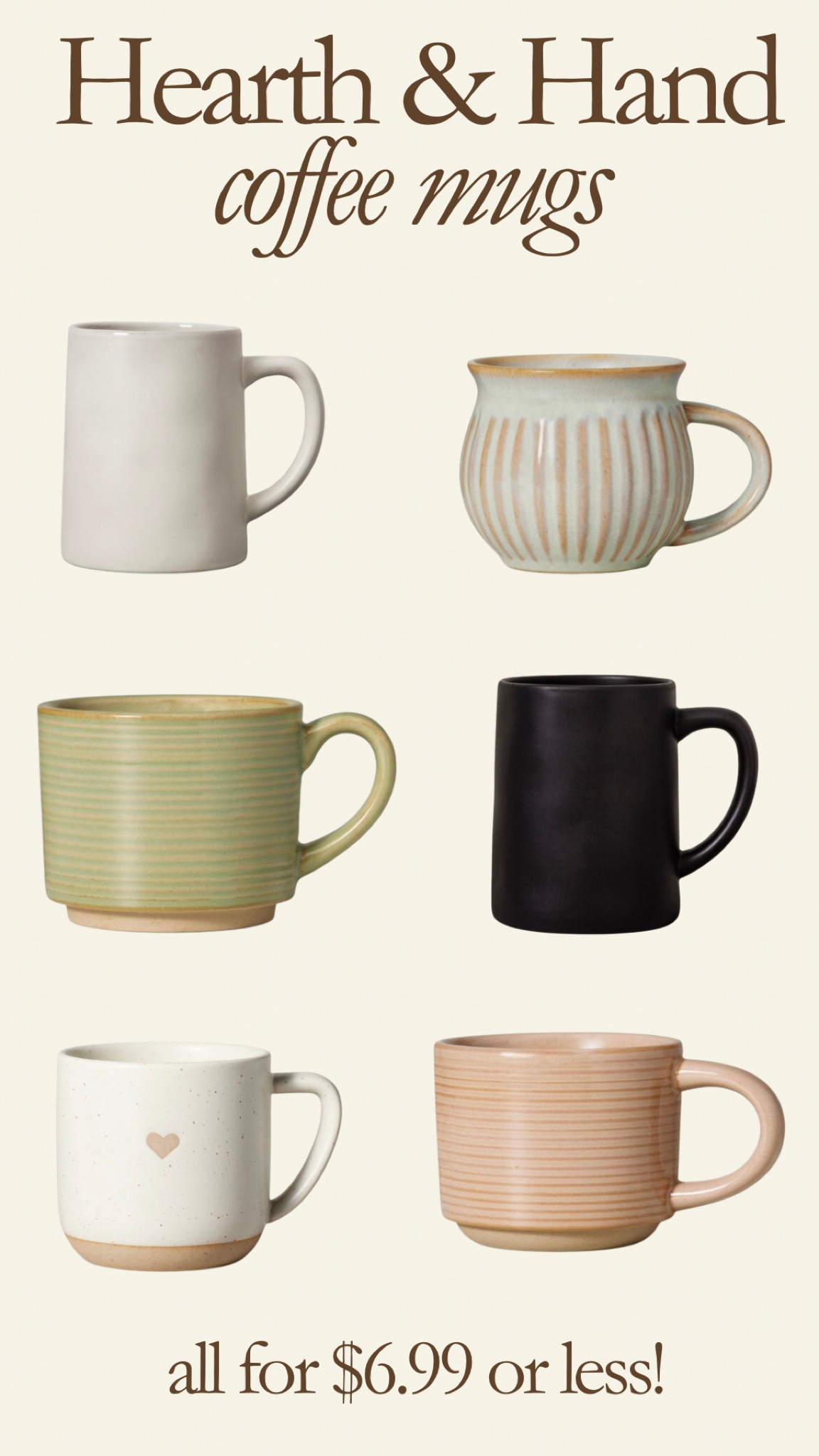 We love the Hearth and Hand collection and their coffee mugs are no exception. So cheap, a great size, and so cute! All of these are $6.99 or less at Target and can be picked up locally or shipped to your front door!! 🤎 

#LTKhome #LTKsalealert #LTKfindsunder50