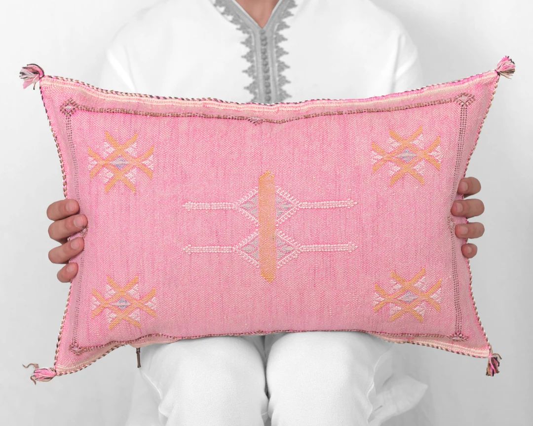 Moroccan Cactus Silk Lumbar, Pink Berber Lumbar, 13x21 Tribal Lumbar Pillow, Abstract Lumbar, Lig... | Etsy (US)