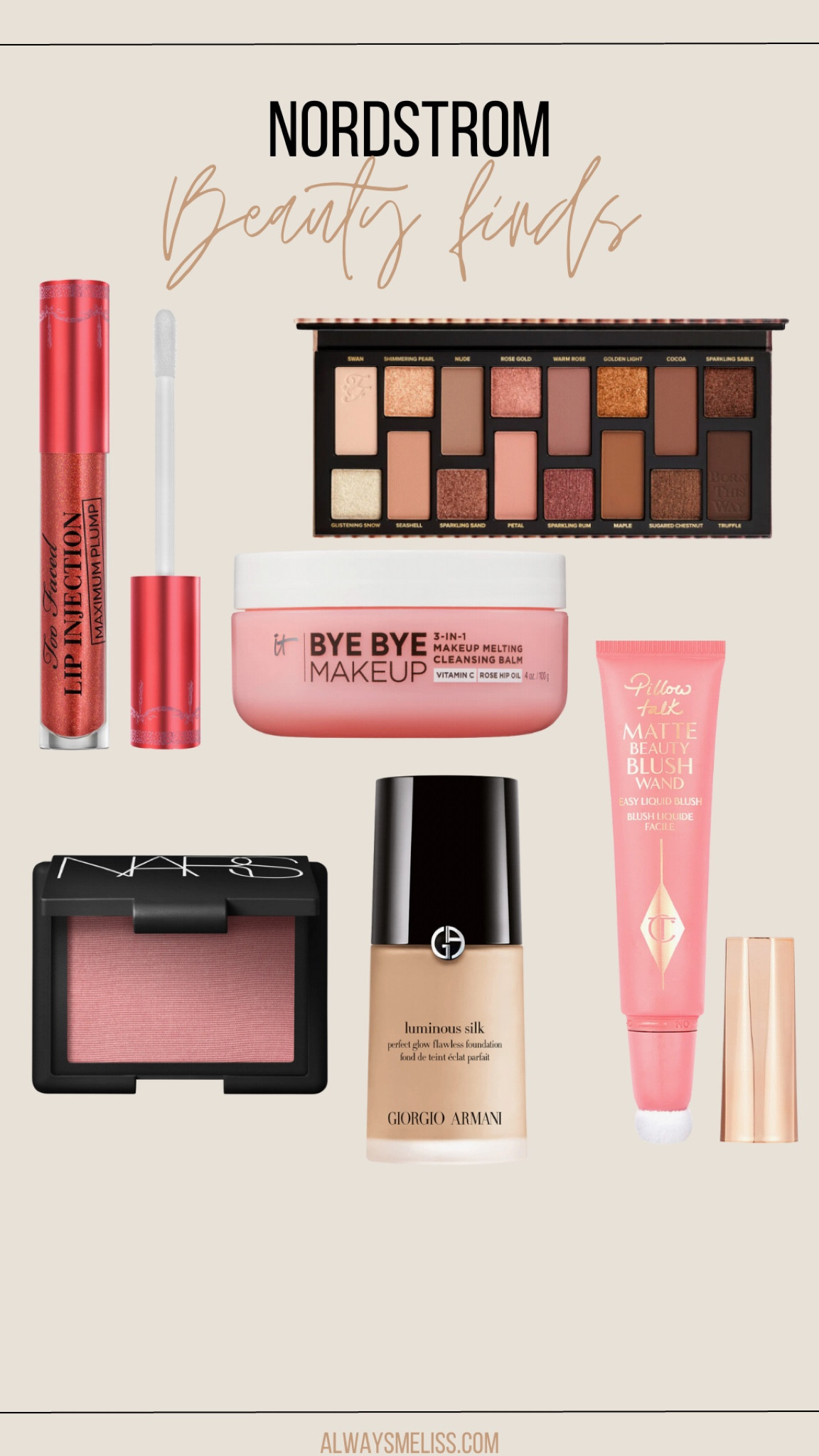 Nordstrom beauty finds that I love. Too faces palette for fall is my favorite. I love the Charlotte Tilbury liquid blush along with the Nars blush! The Too faced lip plump is amazing & this shade is beautiful.

Face wash
Eyeshadow palette 
Liquid blush
Foundation 



#LTKbeauty #LTKunder50 #LTKunder100