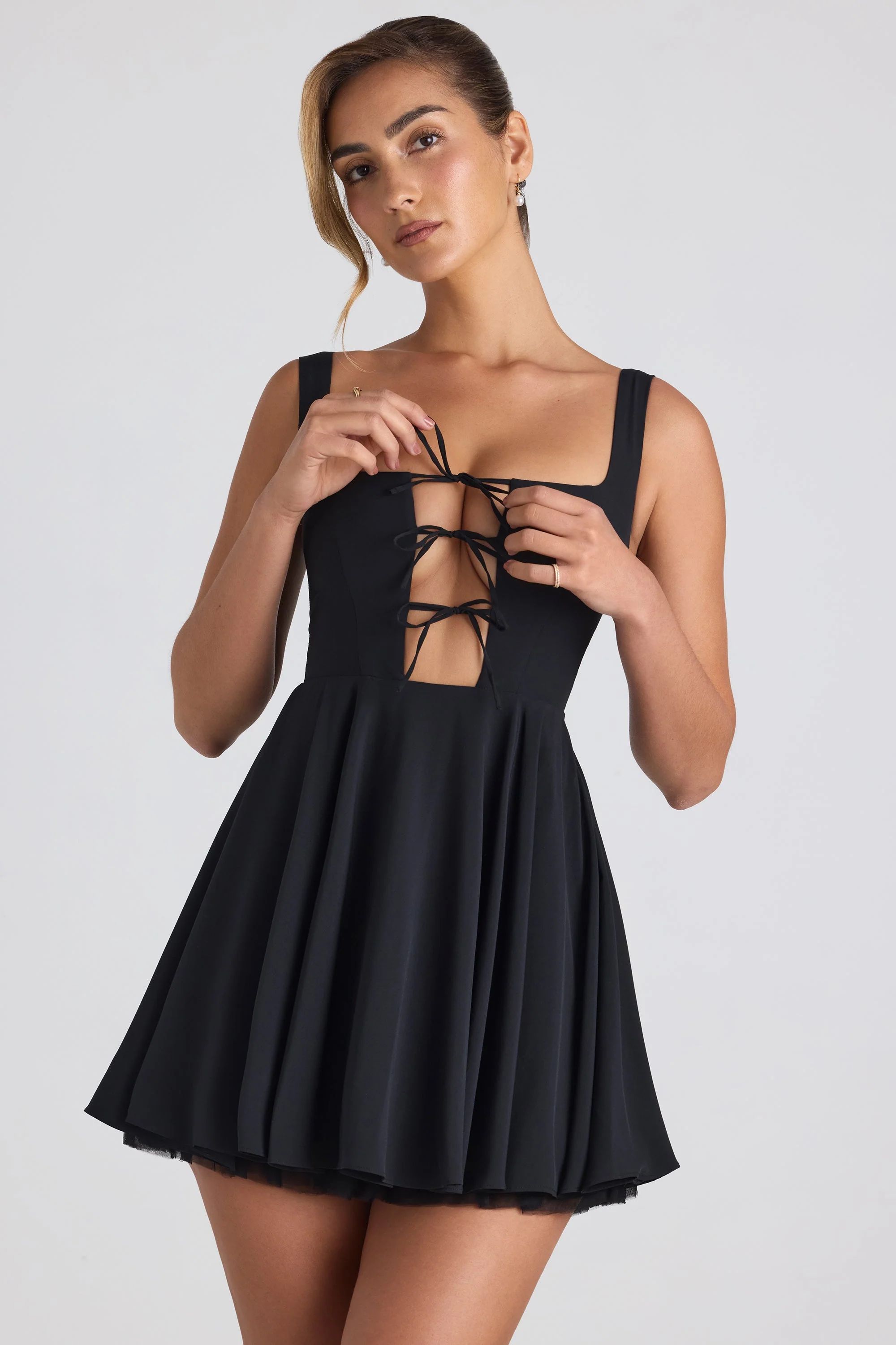 Tie-Detail A-Line Micro Mini Dress in Black | Oh Polly