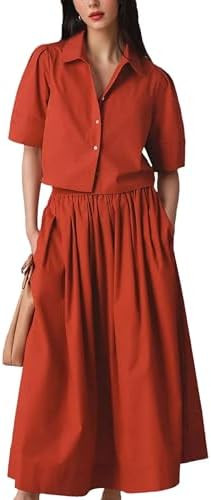 Womens Summer 2 Piece Outfits Skirt Sets Maxi Dress Sets Pockets | Puff Short Sleeve, Button Crop... | Amazon (US)