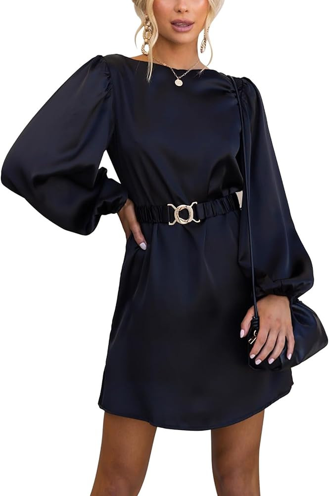 Pink Queen Women's Short Formal Satin Dress 2023 Fall Lantern Long Sleeve Boat Neck Metal Belt Co... | Amazon (US)