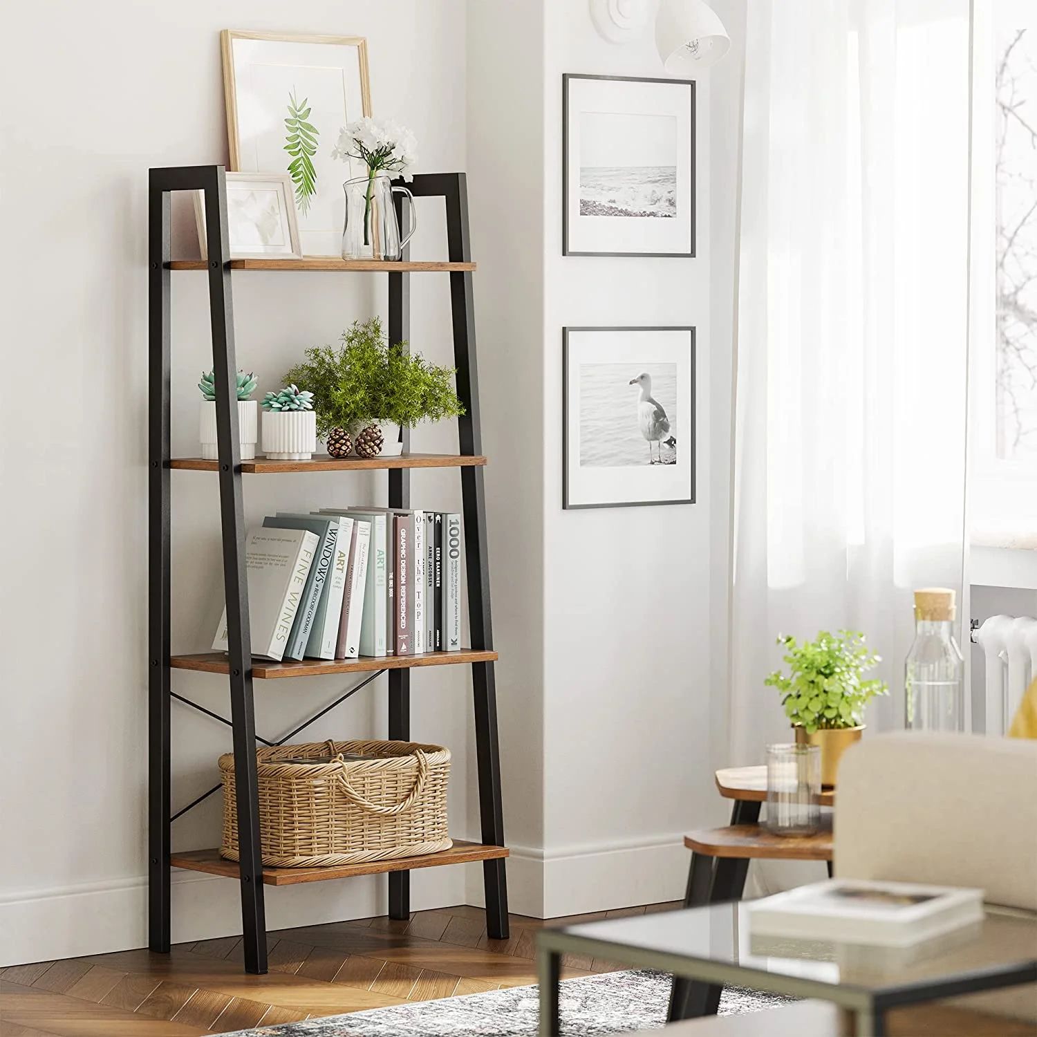 VASAGLE 4-Tier Ladder Shelf Wall Ladder Bookshelf Bookcase Furniture Storage Rack Shelves, Rustic... | Walmart (US)