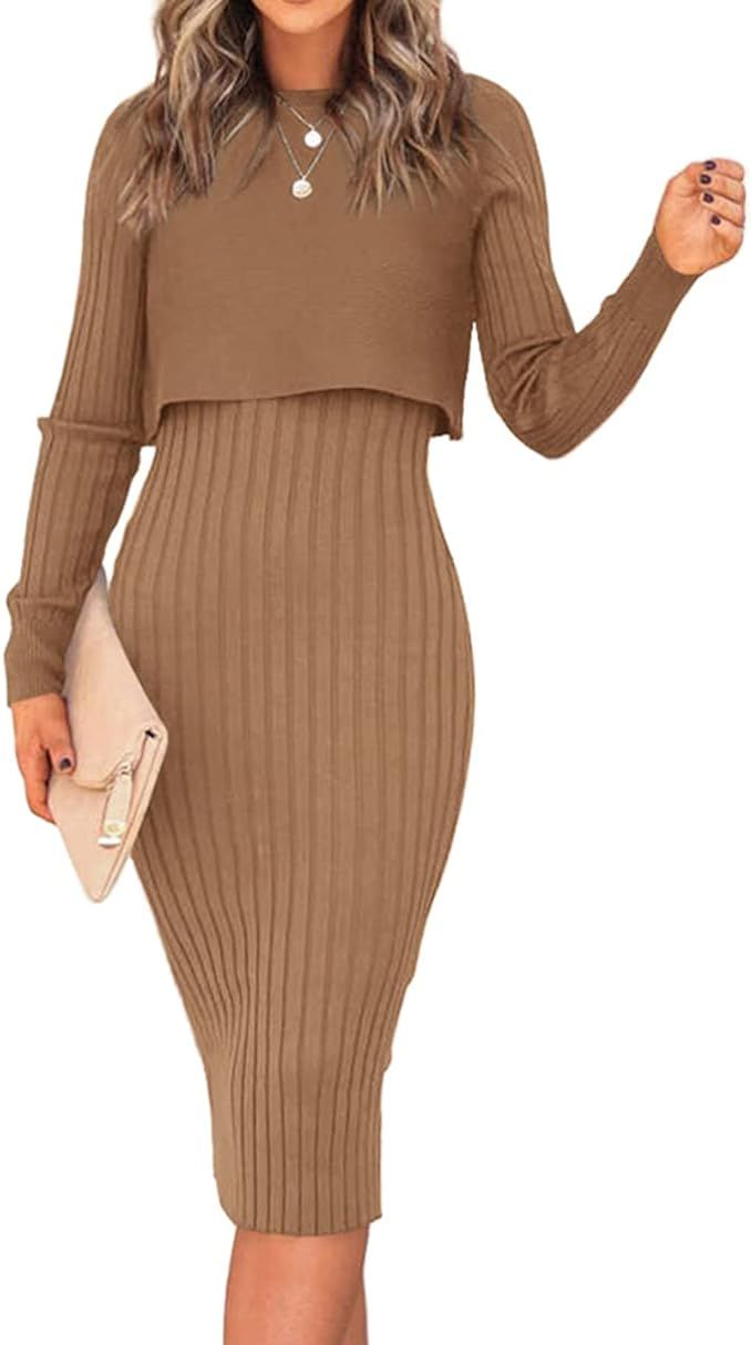 Ezbelle Women's Long Sleeve Sweater Dresses 2 Piece Outfits Sets Ribbed Knit Crop Tops and Tank B... | Amazon (US)
