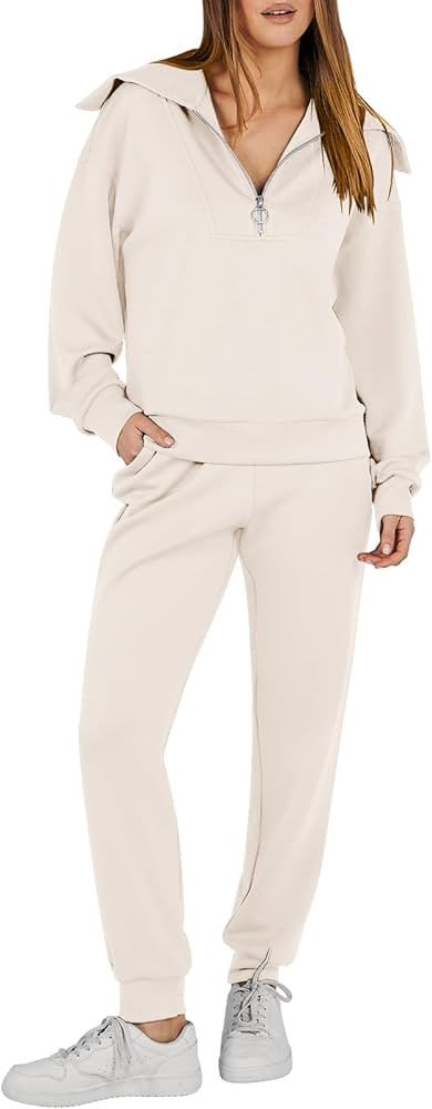 ANRABESS Women 2 Piece Outfits Sweatsuit Set Fall Fashion Half Zip Sweatshirt Jogger Sweatpants L... | Amazon (US)