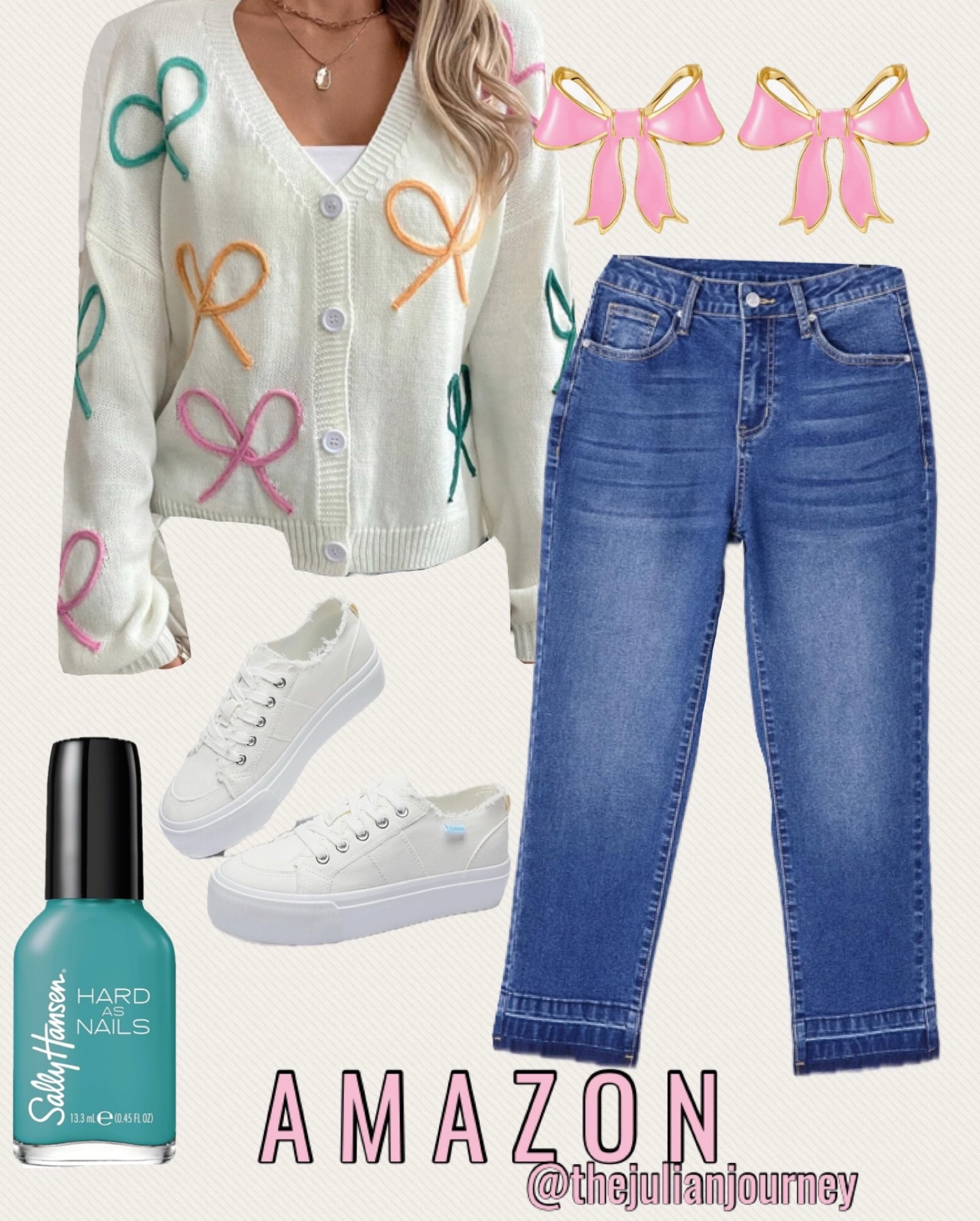Amazon girly outfit idea / bow sweater / bow earrings/ sneakers/ Amazon jeans