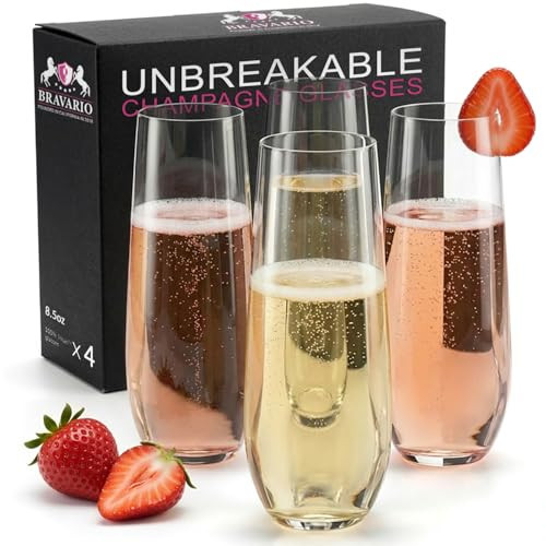 Bravario Unbreakable Stemless Plastic Champagne Flutes | Shatterproof 100% Tritan Plastic Glasses | Reusable | BPA-free | 8.5 oz, Set of 4 | Amazon (US)
