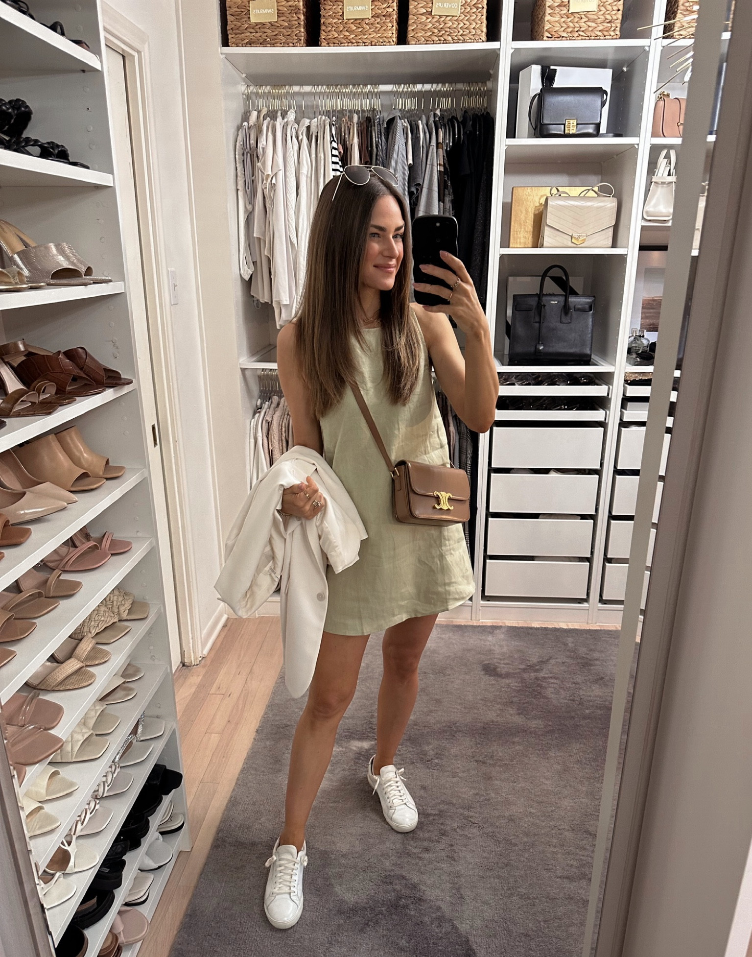 This linen dress is perfect for spring/summer! I’m wearing a size XS & my sneakers run TTS. // reformation, linen dress, summer dress, spring dress, mini dress 