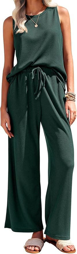 Ekouaer Womens Pajamas 2 Piece Lounge Set Waffle Knit Loungewear Sleeveless Tank Top with Long Pa... | Amazon (US)