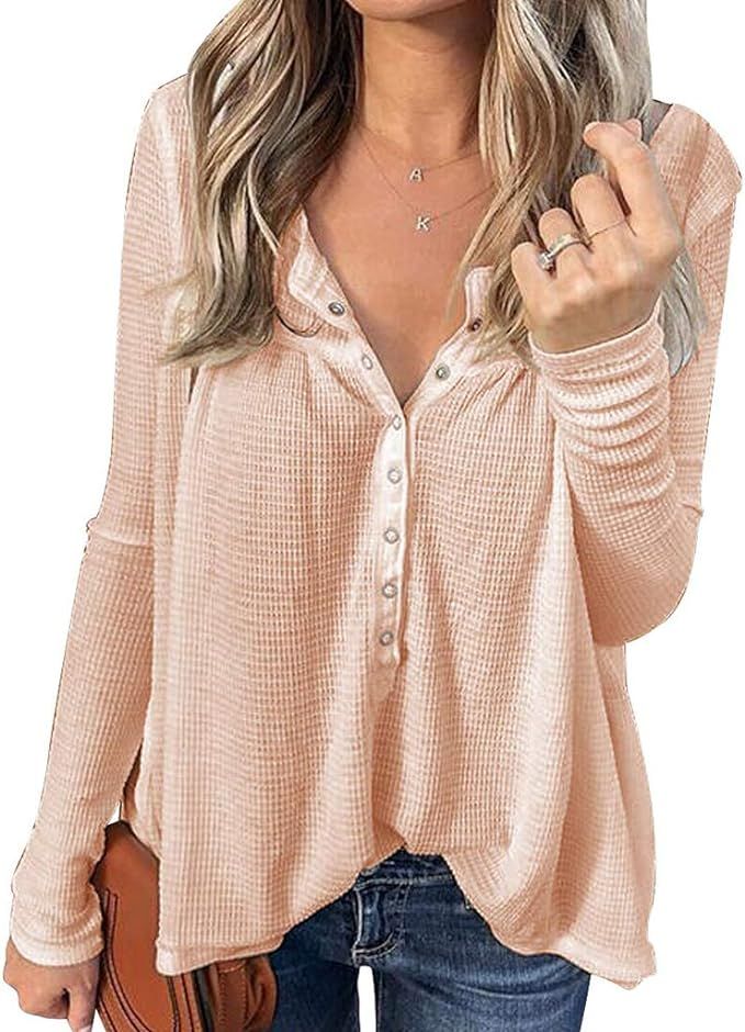 Iussurin Women's Waffle Knit Shirts Long Sleeve Henley Top Casual Tunic Button Down Sexy V Neck B... | Amazon (US)