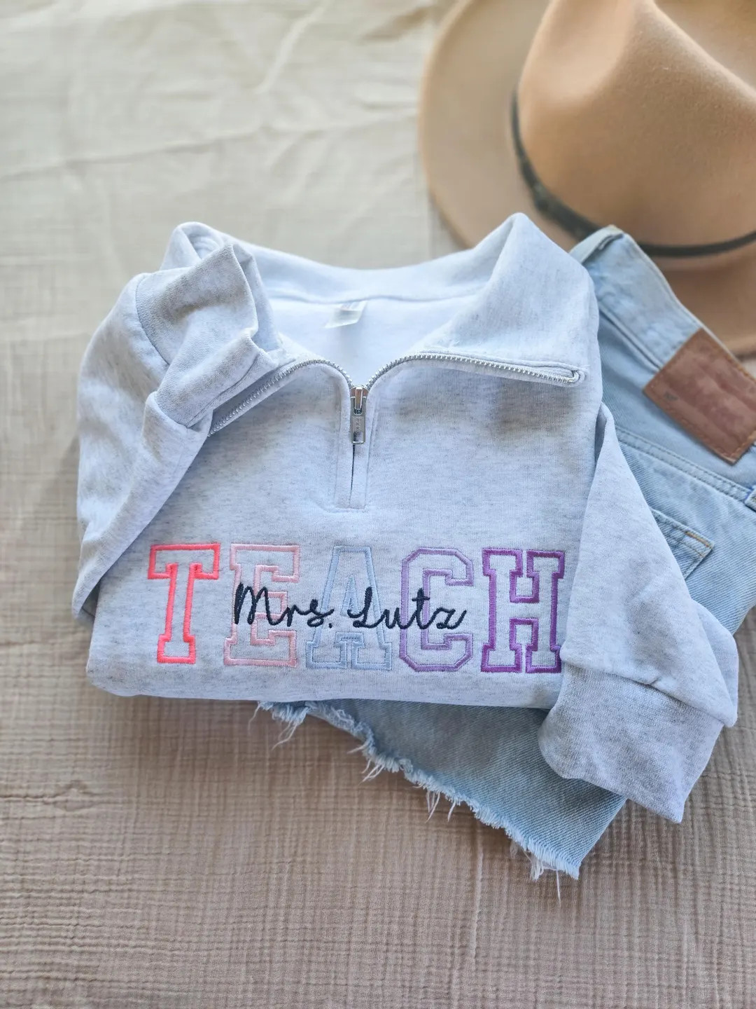 Embroidered Teach Varsity Sweatshirt-teachers Name-quarter-zip Sweatshirt-custom Embroidered Swea... | Etsy (Global)