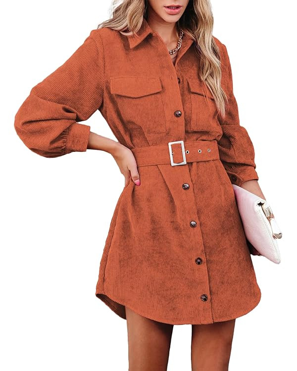 ARTFREE Women's Corduroy Dress Button Down Long Sleeve Mini Dress Lapel Belted Fall Casual Jacket... | Amazon (US)