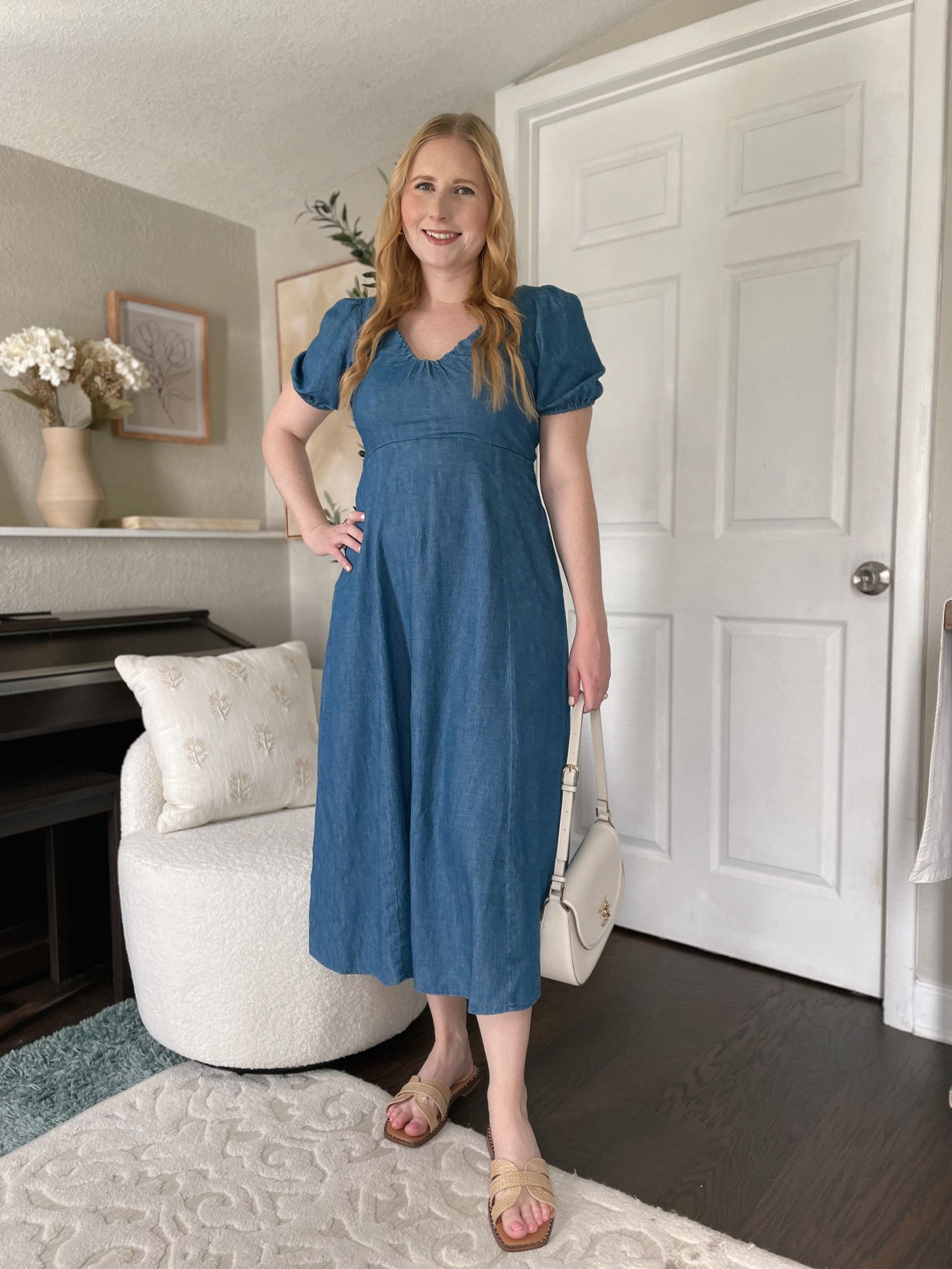 Puff-Sleeve Chambray Midi Dress size medium // vacation outfit, spring outfit, spring dress, dresss

#LTKSeasonal #LTKfindsunder50 #LTKmidsize