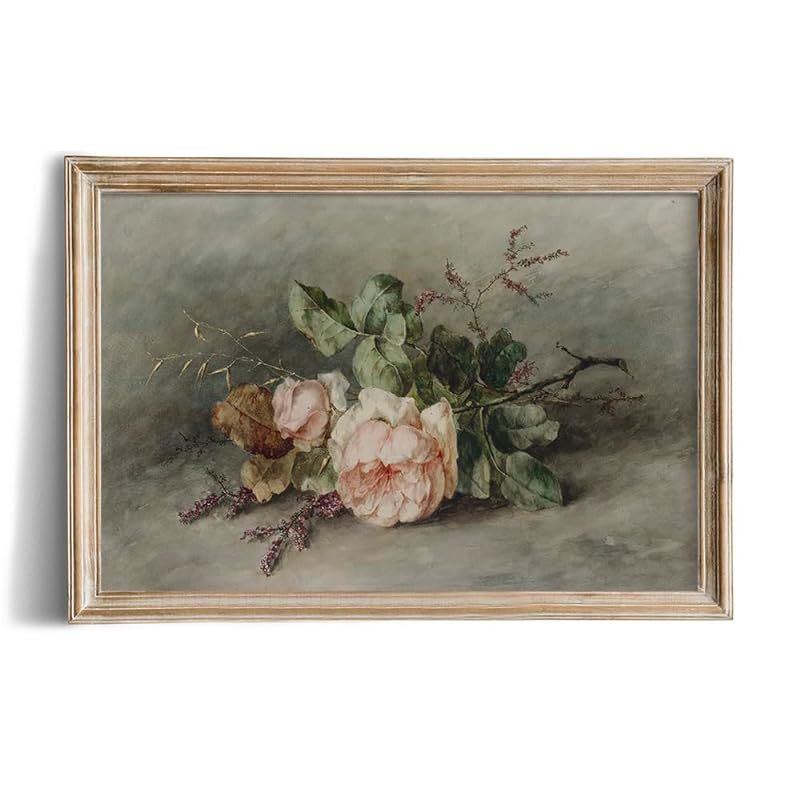Vintage Pink Rose Rustic Farmhouse Wall Art Decor - 24x36 Large Unframed Rolled Canvas - Floral F... | Amazon (US)