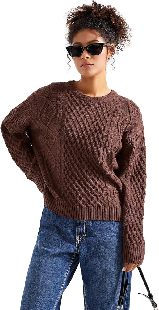 SUUKSESS Women Cable Knit Sweater Fall Long Sleeve Crew Neck Pullover Tops 2024 | Amazon (US)