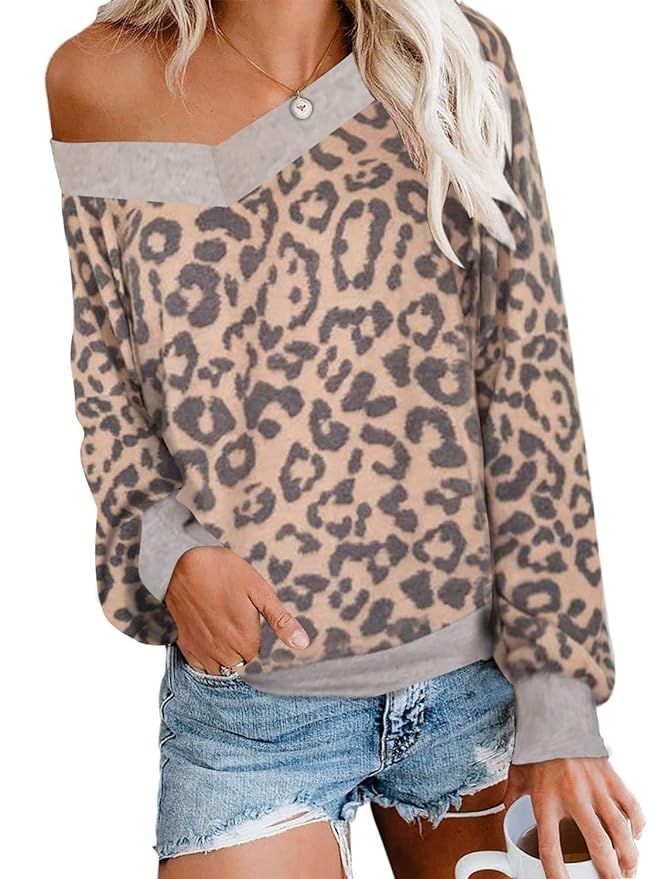 Glomeen Women's V Neck Blouses Leopard Print Long Sleeve Loose Casual Sweatshirts Pullover Tops S... | Amazon (US)