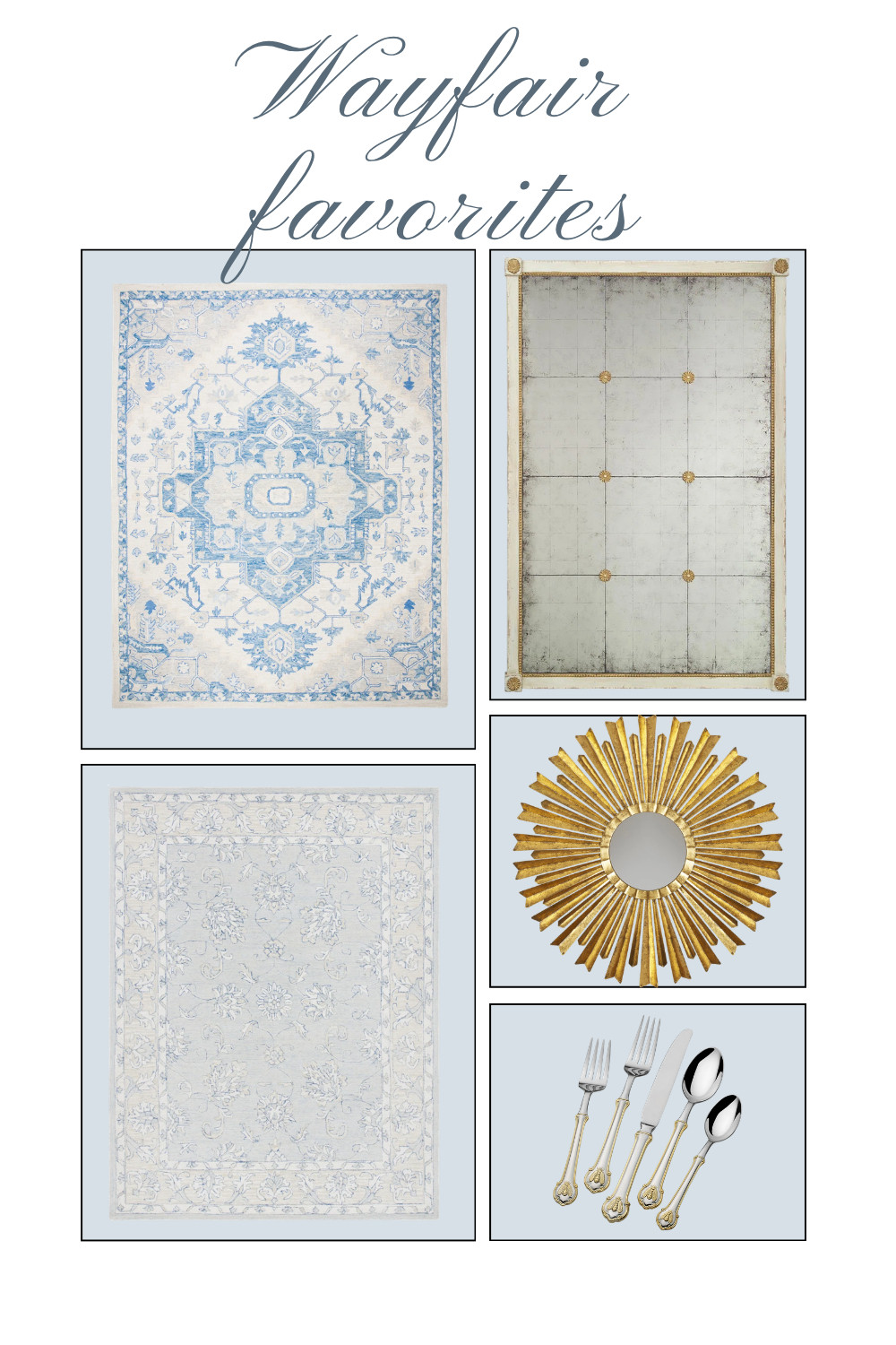Your favorites and most shopped home pieces from Wayfair lately! 

A few of these are also on sale! 

1. Cuvier Hand Tufted Wool Cotton Oriental Rug in Blue/Ivory (on sale, 56% off) ✨ 
2. Lanier Wood Rectangle Wall Mirror (on sale, 17% off) ✨ 
3. Schmier Hand Tufted Wool And Cotton With Latex Oriental Rug (on sale, 63% off) ✨ 
4. Wald Metal Sunburst Wall Mirror
5. Napoleon Bee 45-Piece 18/10 Stainless Steel Flatware Set (on sale, 39% off) ✨ 

 #LTKHome #LTKSaleAlert